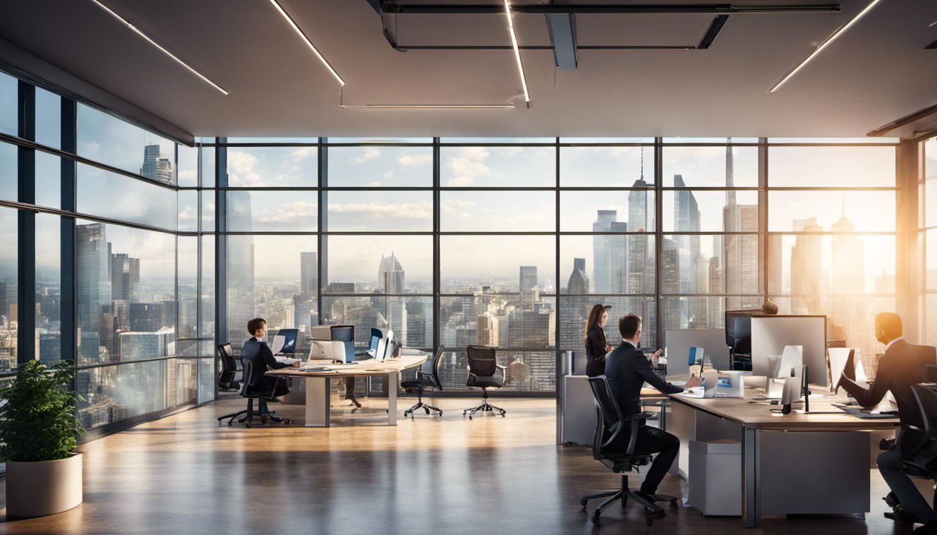 A diverse group of professionals collaborating in a modern office space with a panoramic city view.
